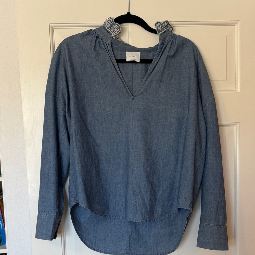 Sundays Denim Blue Blouse with Embellished Collar
